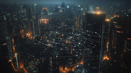 Naklejka premium Smart digital Innovation city with connection network reciprocity over the cityscape. of future smart wireless digital city and social media networking systems that connects people with in city