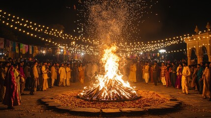 Large bonfire during Lohri festival with people in traditional Indian attire gathered around