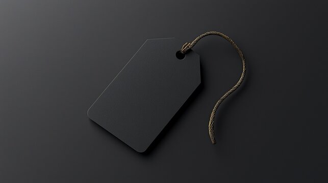 Blank black tag with string on dark background.