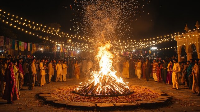 Large bonfire during Lohri festival with people in traditional Indian attire gathered around