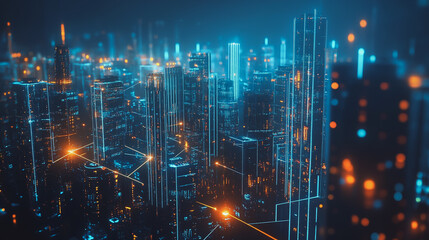 Smart digital Innovation city with connection network reciprocity over the cityscape. of future smart wireless digital city and social media networking systems that connects people with in city