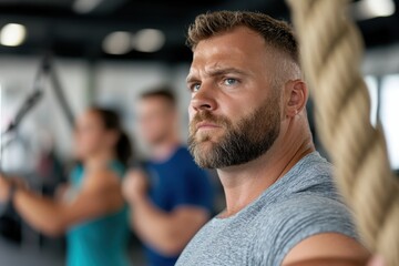 Obraz premium A bearded man intensely focuses on fitness conditioning, gripping ropes in a modern gym, emphasizing the essence of strength, hard work, and commitment to health.