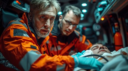 Obraz premium Two male paramedics in ambulance care for patient on stretcher urgently. Critical medical treatment underway in emergency setting.