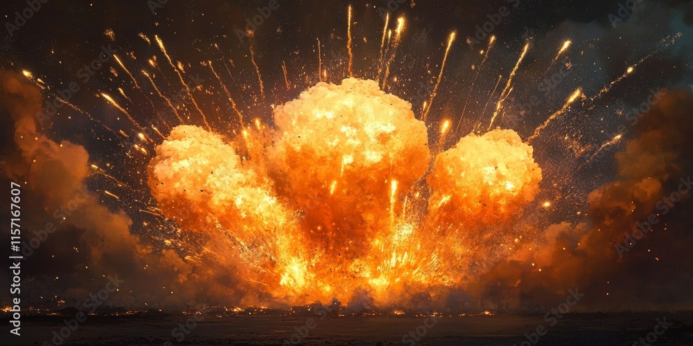 Poster Explosions from a shell create stunning pyrotechnics, offering a dramatic view from the shelter. Witness the breathtaking explosions from a shell and the spectacle of pyrotechnics displayed.