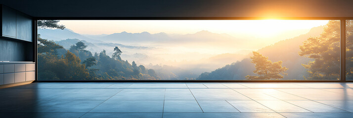 Sunrise Mountain View from Minimalist Room,  Revealing Serene Landscape bathed in Golden Light