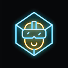 Neon glowing icon of a person wearing a vr headset inside a cube, representing the concept of the metaverse