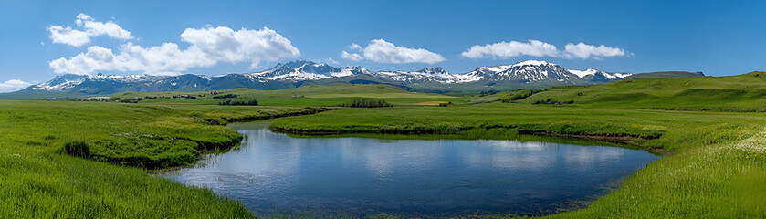 Serene Mountain Lake, Nature's tranquil beauty, reflecting the snow-capped peaks under a vibrant summer sky.