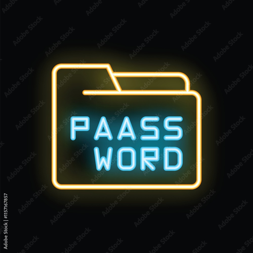 Poster neon folder icon glowing on a dark background, representing the concept of password protected digita