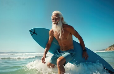Senior man enjoys surfing in summer. Happy active elderly man with long white hair, beard carries surfboard. Walking through waves on beach. Ocean shore background. Appears relaxed, cheerful. Active