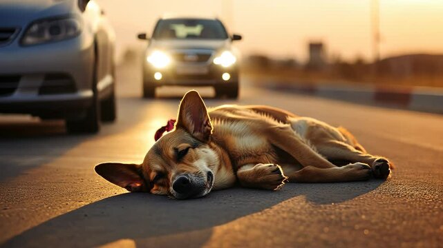 Stray Dog Resting on a Busy Road at Sunset

