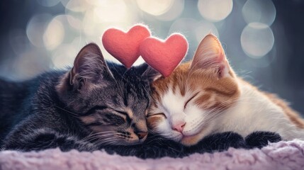 Two cats cuddling with hearts.