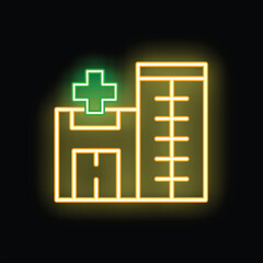 Obraz premium Neon sign illuminating a hospital building with a green cross, symbolizing healthcare and medical services