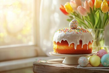 A festive Easter cake, decorated with colorful sprinkles and an ornate egg, rests on a table surrounded by tulips and pastel eggs, embodying the joy and sweetness of the holiday season