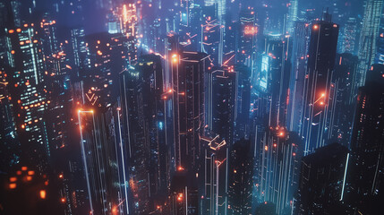 Smart digital Innovation city with connection network reciprocity over the cityscape. of future smart wireless digital city and social media networking systems that connects people with in city