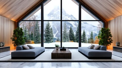Cozy Modern Living Room with Breathtaking Mountain Landscape View Through Large Windows