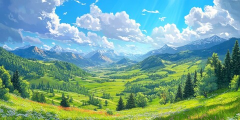 Obraz premium Summer mountain scenery showcases a stunning view into the distant rural valley, featuring lush green meadows and forested hills, all under a bright sunny sky. Experience the beauty of summer mountain