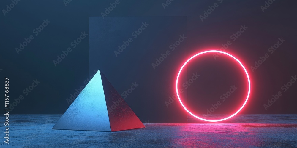 Poster a simple yet eye catching image features a luminous pyramid and circle, showcasing a minimalist desi