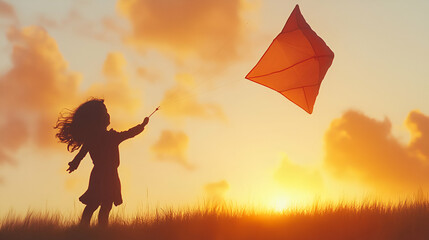 Sunset Kite Flight, Child's Joyful Play in Golden Hour, Soaring High Above the Grassland with Delight.