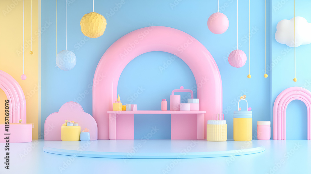 Poster pastel paradise, a whimsical display of colorful objects on a shelf, decorated with hanging balls an