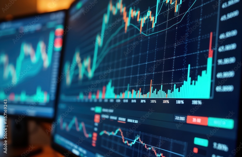 Aufkleber Multiple computer screens display financial data graphs. Charts show market trends, data-driven investment analysis. AI driven algorithmic trading software creates financial market models. Modern