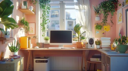 Sunlit home office with plants, computer, and books.