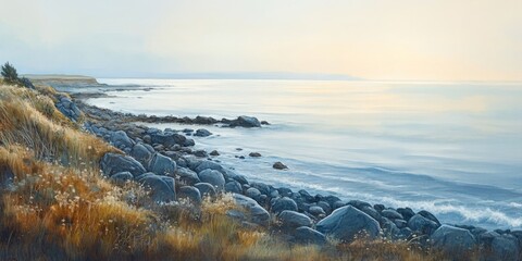 Fototapeta premium Coastline sunrise casts light on the ocean, illuminating the stone along the shore. The combination of stone, coastline, and ocean creates a serene scene under a soft white sky.