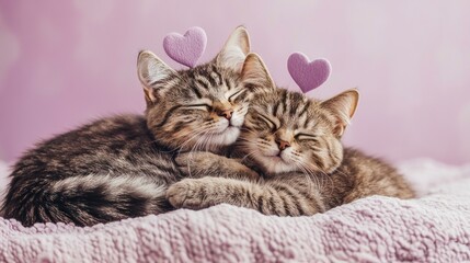 Two cute tabby kittens cuddling on a purple blanket, wearing small purple hearts.