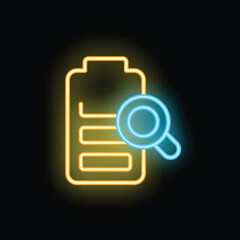 Glowing neon icon of a magnifying glass examining a battery indicator, symbolizing battery analysis and optimization