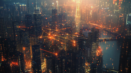 Naklejka premium Smart digital Innovation city with connection network reciprocity over the cityscape. of future smart wireless digital city and social media networking systems that connects people with in city