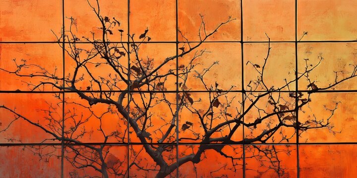 Dendrology showcases a frequent grid of branches with abundant overstocking and dry leaves, symbolizing winter dormancy--the period of growth stoppage and a state of uncertainty under the setting sun.