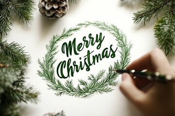 A hand-drawn Christmas card featuring a wreath made of pine leaves, symbolizing traditional holiday spirit and personal artistic expression.