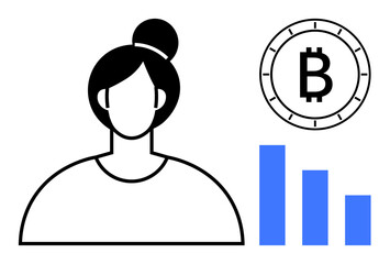 Stylized female figure beside a Bitcoin symbol and decreasing bar graphs. Ideal for finance, cryptocurrency, investment, data analysis, fintech, stock market, education. Line metaphor
