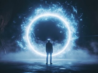 Fototapeta premium Person standing in front of glowing portal with luxury and futuristic atmosphere