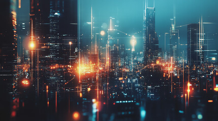 Smart digital Innovation city with connection network reciprocity over the cityscape. of future smart wireless digital city and social media networking systems that connects people with in city