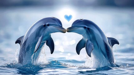 Obraz premium Two dolphins kissing, heart-shaped bokeh.
