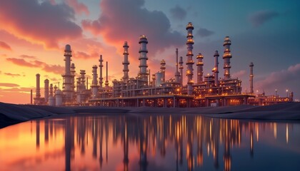 Naklejka premium Large oil refinery plant stands on desert during sunset. Modern industrial complex with tall towers, pipes. Reflection of plant in calm water. Energy industry in action. Evening sky with vibrant