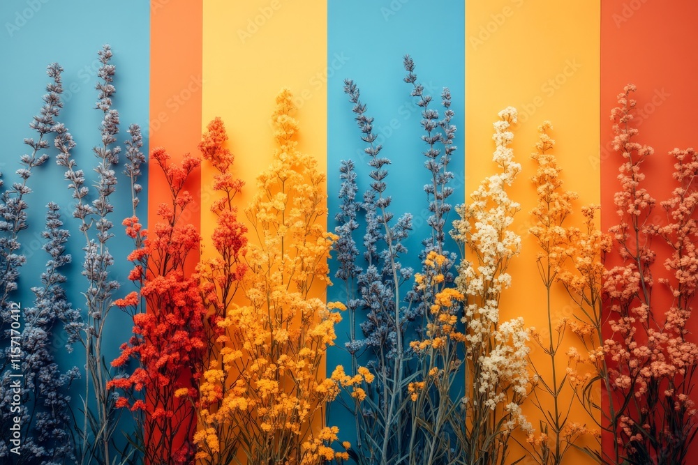 Poster various brightly colored floral stems stand tall and neatly aligned against a vibrant, striped backd