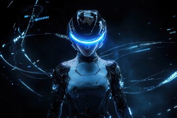 Futuristic female avatar in advanced cybernetic exosuit