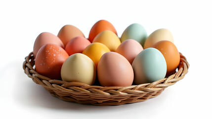 A charming wicker basket overflowing with pastel-colored eggs, a delightful Easter symbol.  Perfect for spring celebrations!