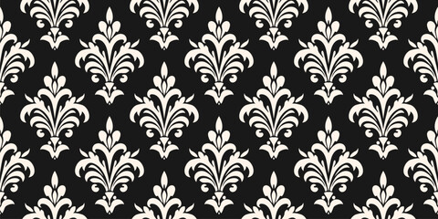 Fototapeta premium Black and white damask seamless pattern. Vector ornamental background. Luxury ornament in baroque, rococo, renaissance, revival style. Vintage texture. Repeated geo design with curly floral elements