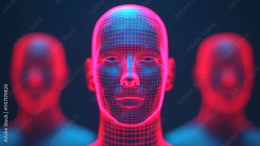 Poster futuristic hologram heads emerging from dark background representing artificial intelligence