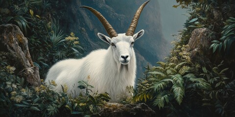 Portrait of a mountain goat prominently displaying its antlers surrounded by lush vegetation, highlighting the majestic features of the mountain goat in its natural habitat.