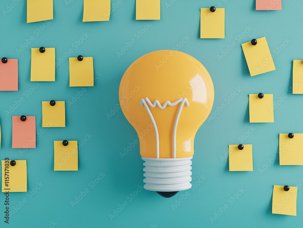 Poster light bulb and sticky notes representing brainstorming and ideas