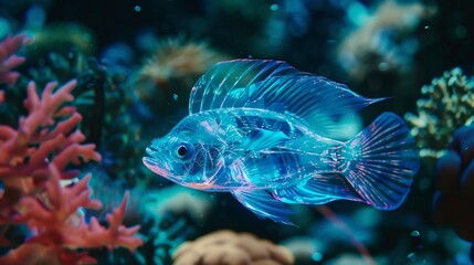 Fototapeta premium a fictitious transparent fish on the seabed among the corals.