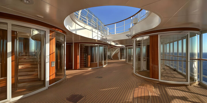 Luxury Cruise Ship Deck, Glass Elevators & Ocean Views