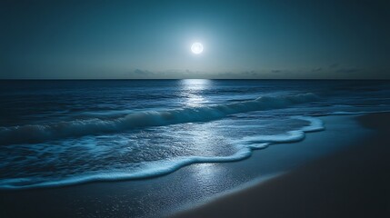 A tranquil moonlit beach, with the soft light of the full moon reflecting off the calm ocean waves