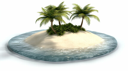 Tropical Island Paradise, Two Palm Trees Grace a Sandy Shore, Gently Lapped by Turquoise Waters.