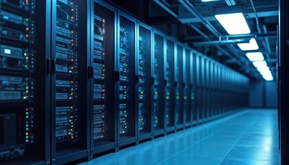 Dark tech server room filled with computer racks. Secure environment hosts critical systems. Advanced tech facilities support data centers. Digital infrastructure for crypto mining. Modern datacenter