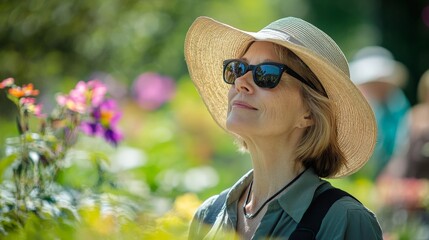 Mature caucasian woman enjoying a sunny day in a garden with flowers