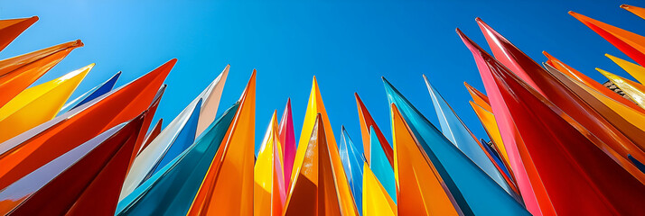 Vibrant Glass Spikes Reaching for Sky, Colorful Art Installation Under Blue Heavens. Sunlit, Abstract, Geometric.